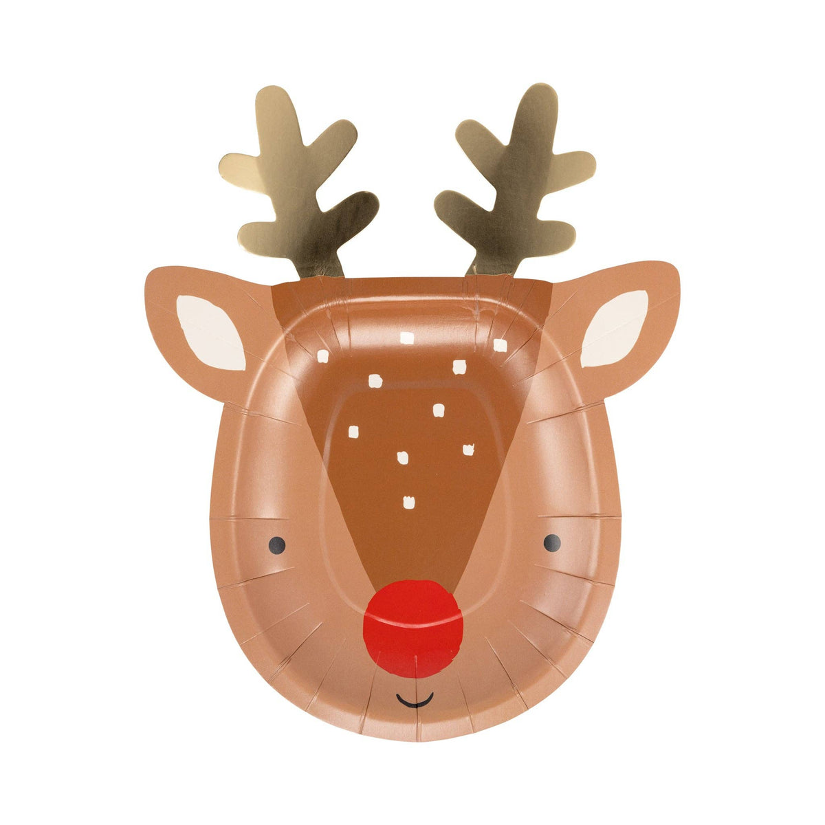 Single Rudolph paper plate with gold antlers, red nose, and smiling face