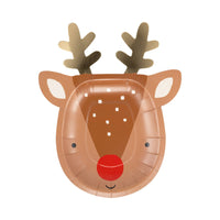 Single Rudolph paper plate with gold antlers, red nose, and smiling face