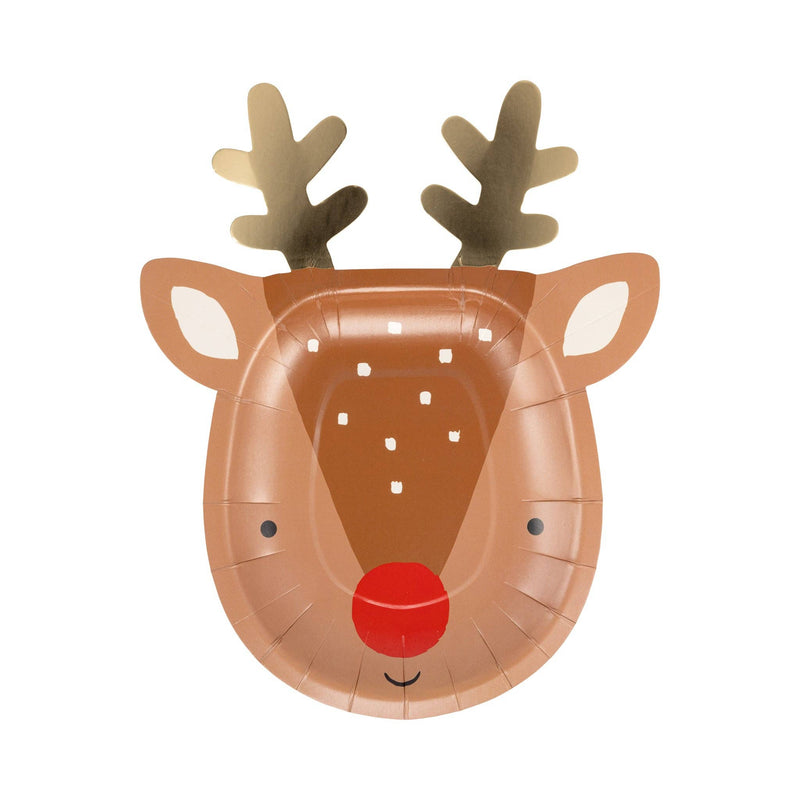 Single Rudolph paper plate with gold antlers, red nose, and smiling face