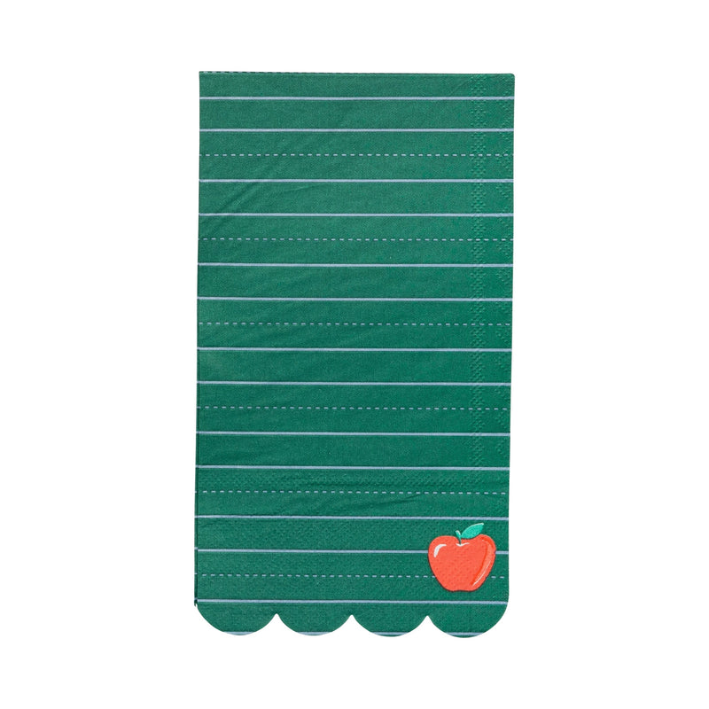 A flat lay of one green paper napkin showing the ruled notebook lines and a red apple icon in the bottom corner.