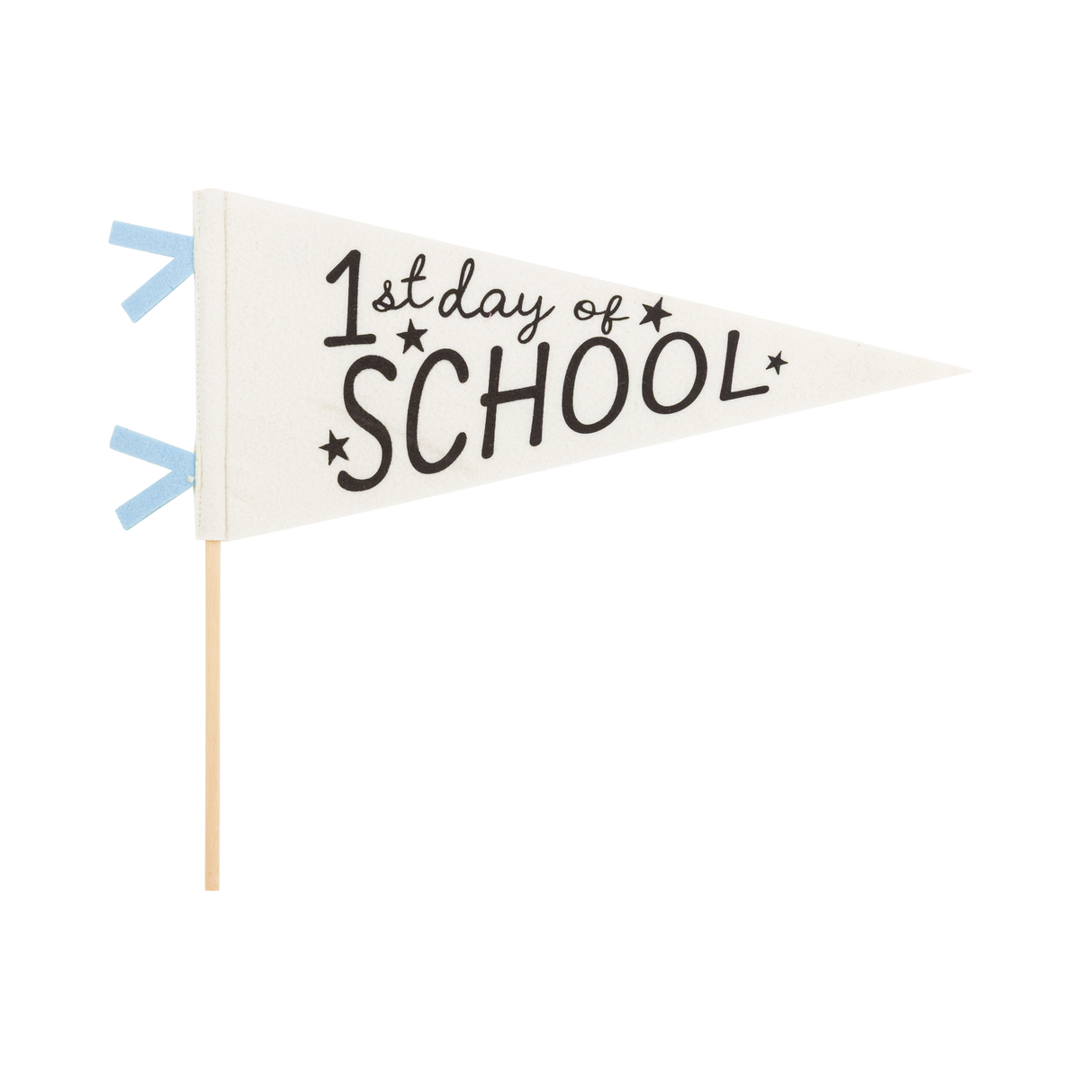 Cream 1st Day of School felt pennant with black screen-printed text and stars, blue felt mini flag accents, and wooden dowel