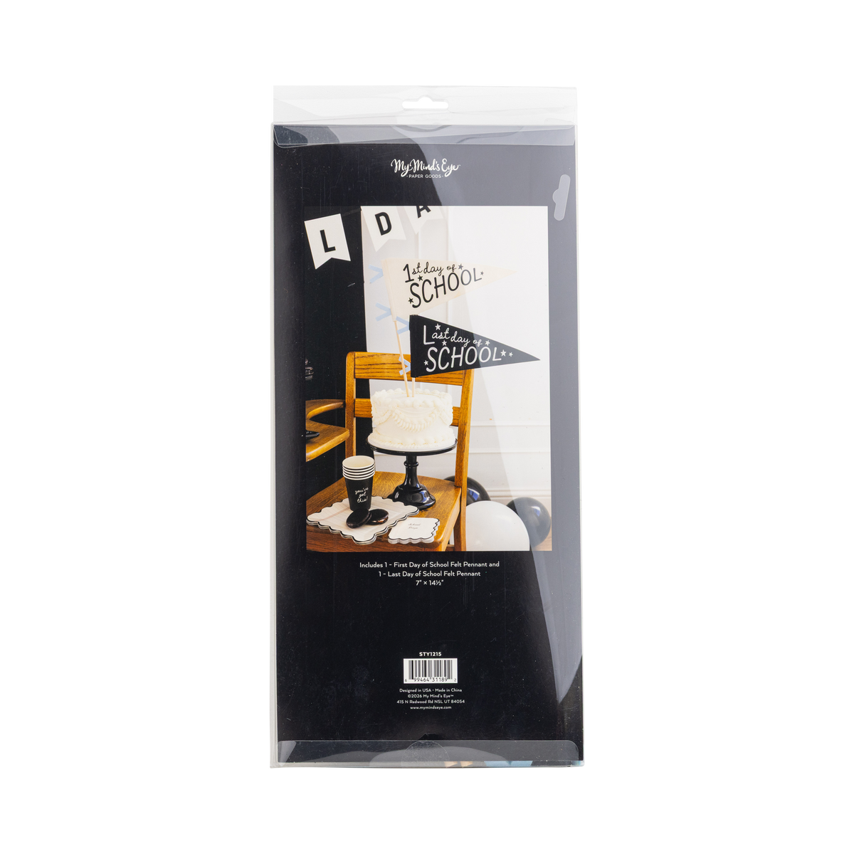 Back of 1st Day and Last Day of School felt pennant packaging showing styled back to school scene with white cake, pennants on wooden chair, and 1st Day of School Felt Pennant and Last Day of School Felt Pennant description