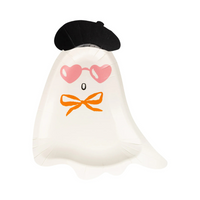 Unpackaged ghost-shaped paper plate featuring heart sunglasses, orange bow, and black beret.