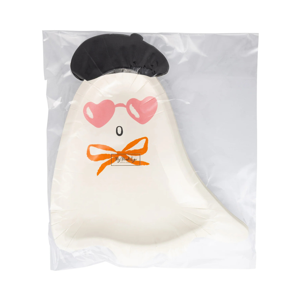 Front view of the packaged ghost-shaped paper plates showing the cute ghost face and accessories.