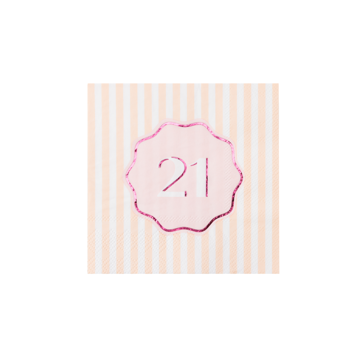 Single peach striped cocktail napkin with pink foil 21 scalloped medallion on white background