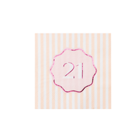 Single peach striped cocktail napkin with pink foil 21 scalloped medallion on white background