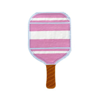  Isolated paddle napkin featuring bold pink and white horizontal stripes with ice‑blue trim and woodgrain handle.