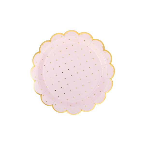 Stacked Pack: Front view of a shrink‑wrapped stack of scalloped pink paper plates with tiny gold dots.