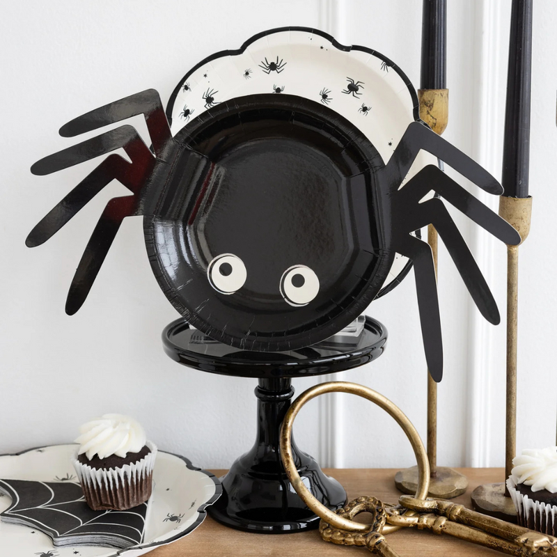 Spider plate displayed on a Halloween dessert table