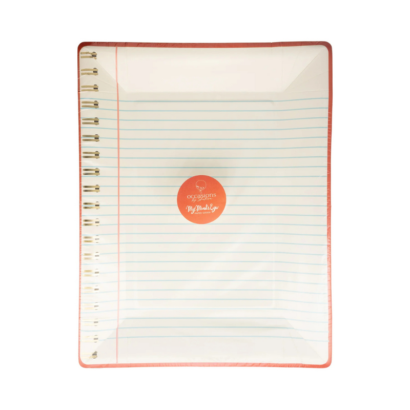 Spiral Notebook Paper Plate in packaging with branded sticker