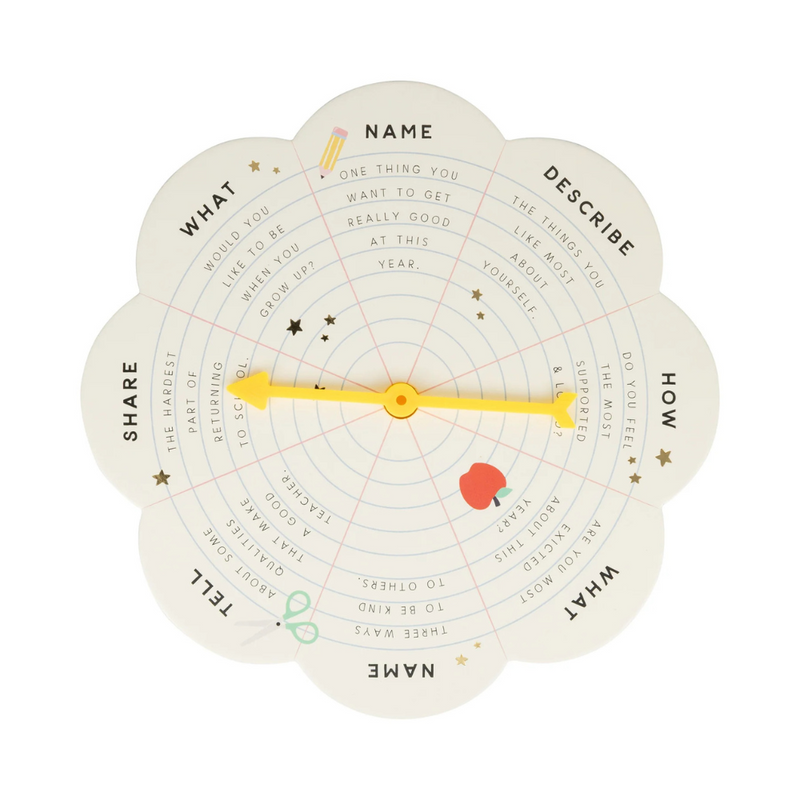 Close-up of the white spinner game board with prompts