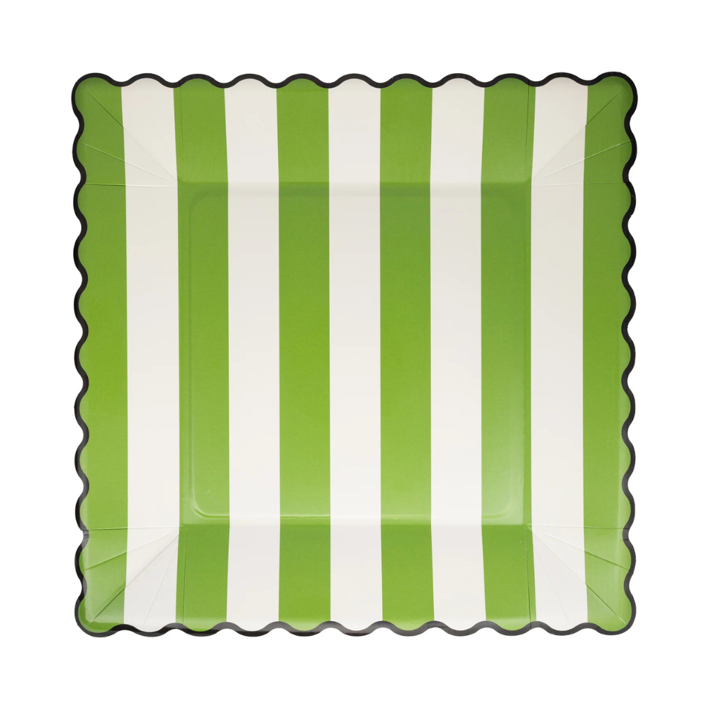 Close-up of Green Stripe 11" paper plate with black scalloped border