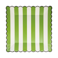 Close-up of Green Stripe 11" paper plate with black scalloped border