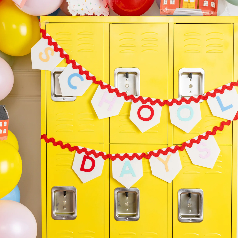Close-up of banners on yellow lockers