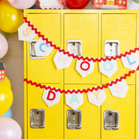 Close-up of banners on yellow lockers