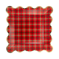 Red plaid square scalloped paper plate with gold edge