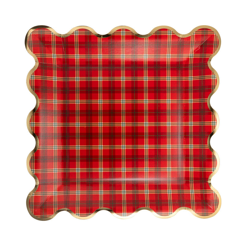 Red plaid square scalloped paper plate with gold edge