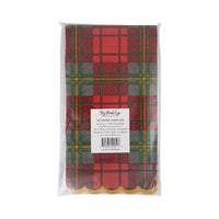 Pack of red plaid dinner napkins in clear packaging, back view