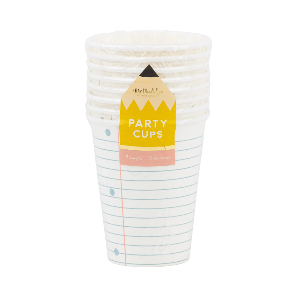 Stack of eight lined paper party cups displaying the pencil-shaped label