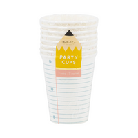 Stack of eight lined paper party cups displaying the pencil-shaped label