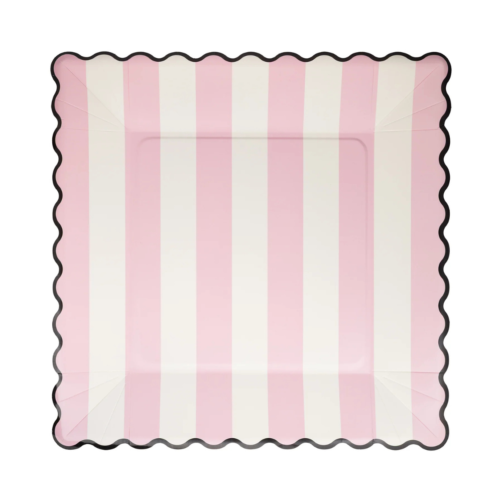 Close-up of Pink Stripe 11" paper plate with black scalloped border