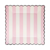 Close-up of Pink Stripe 11" paper plate with black scalloped border