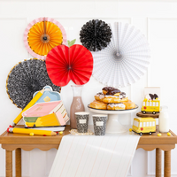 Styled photo of stack of books paper plates on a decorated table