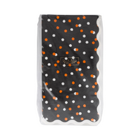 Pack of Halloween Polka Dot Dinner Napkins in plastic wrap, showing black background with orange and white dots
