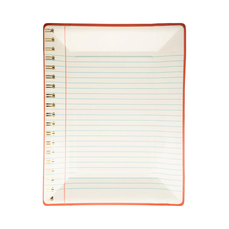 Spiral notebook-shaped paper plate with blue ruling and gold foil spiral edge