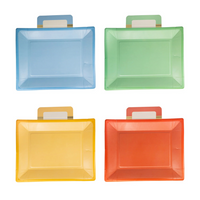 Overhead view of four lunchbox-shaped paper plates in blue, green, yellow, and red