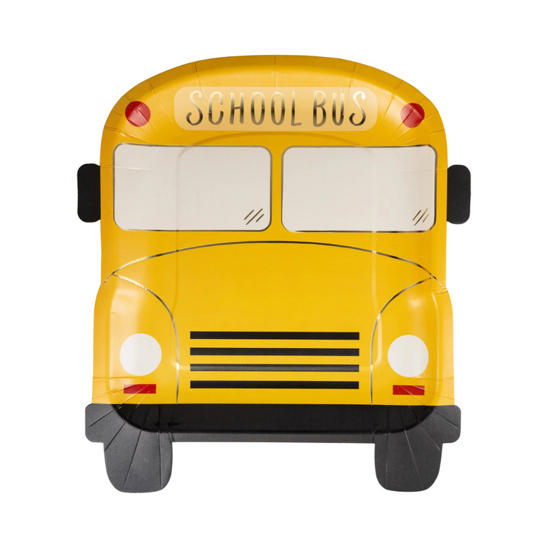 Yellow school bus shaped paper plate with gold foil lettering on the windshield