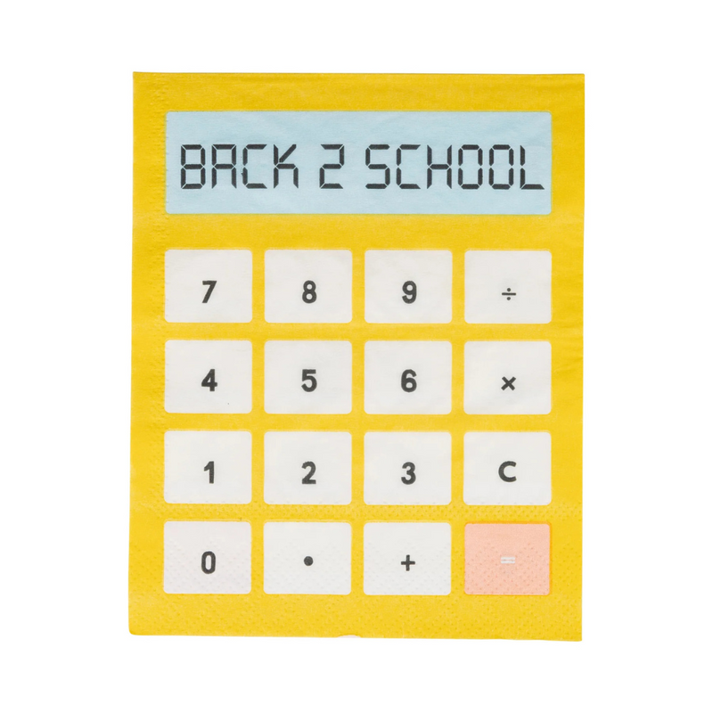 Flat-lay of the calculator napkin showing its full print and color details, including math function buttons and a large "=" button in pink.
