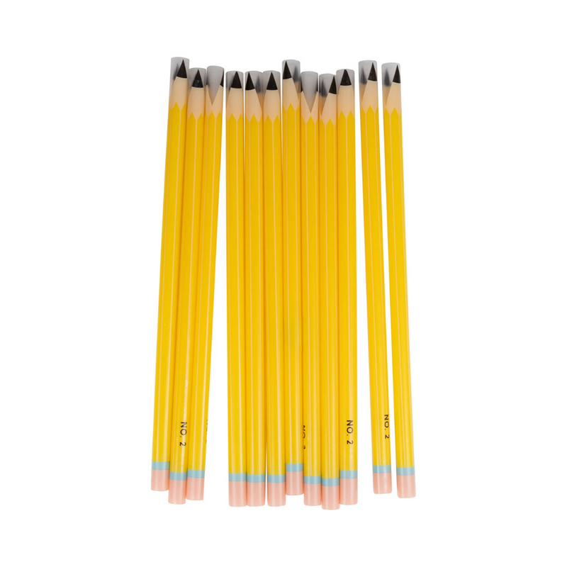 Set of 12 yellow pencil-inspired plastic reusable straws laid out side by side