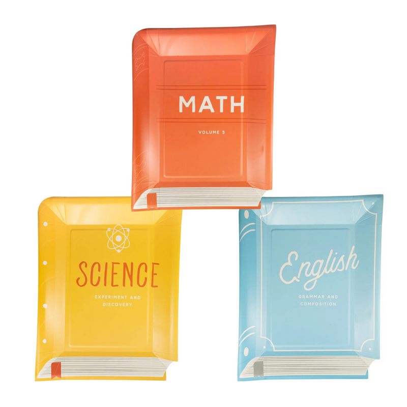 Three colorful textbook-shaped paper plates labeled Math, Science, and English
