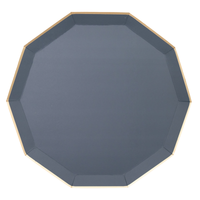 Single plate: Midnight blue octagon paper dinner plate with gold foil edge, 10.75 inch.