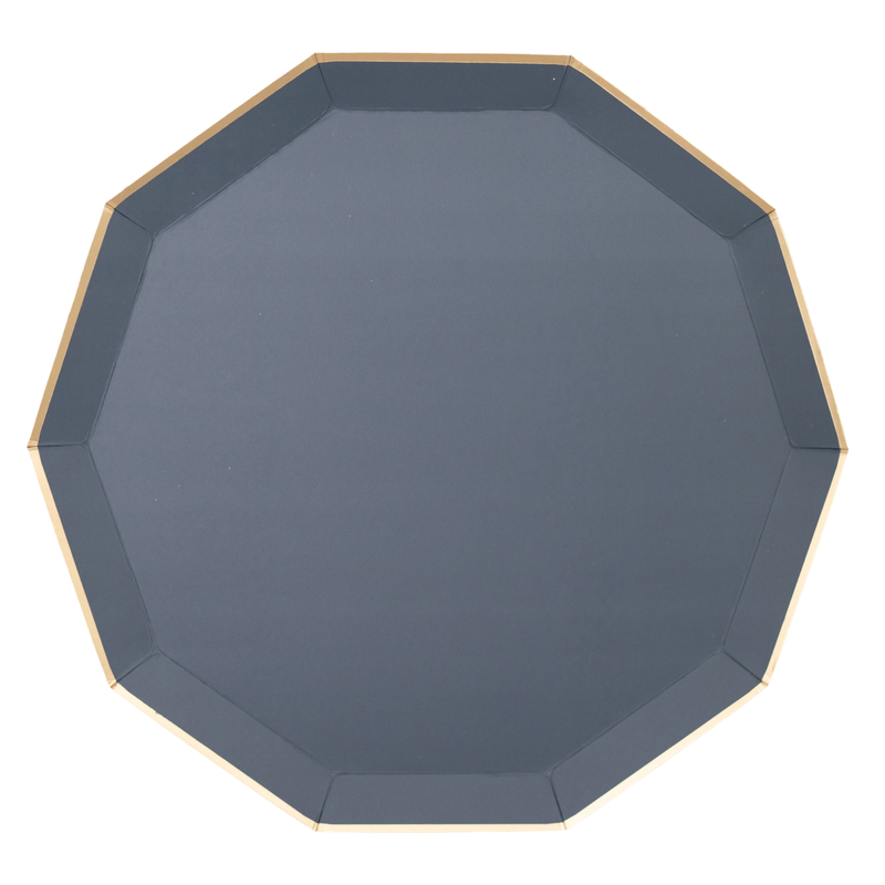 Single plate: Midnight blue octagon paper dinner plate with gold foil edge, 10.75 inch.