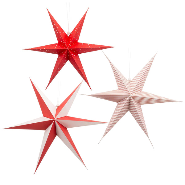 Three 3D hanging paper stars in red and white in graduated sizes on a white background.