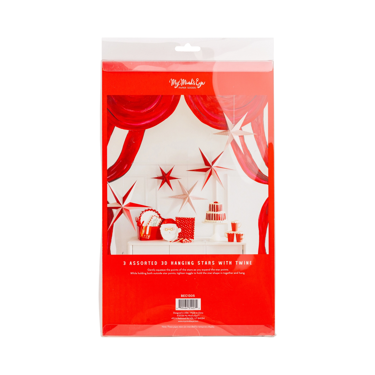 Back of the 3D hanging paper stars packaging showing the styled display.
