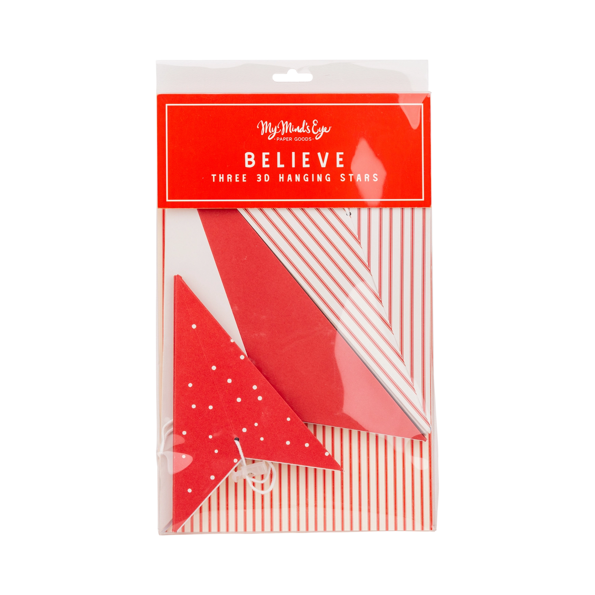 Packaging for the 3D hanging paper stars in red with a "Believe" label and a window showing the star.