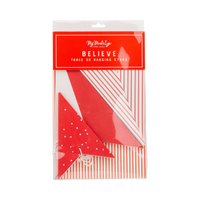Packaging for the 3D hanging paper stars in red with a "Believe" label and a window showing the star.