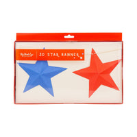 Front of packaging showing two large folded 3D paper stars in blue and red inside a clear box labeled 3D Star Banner by My Minds Eye