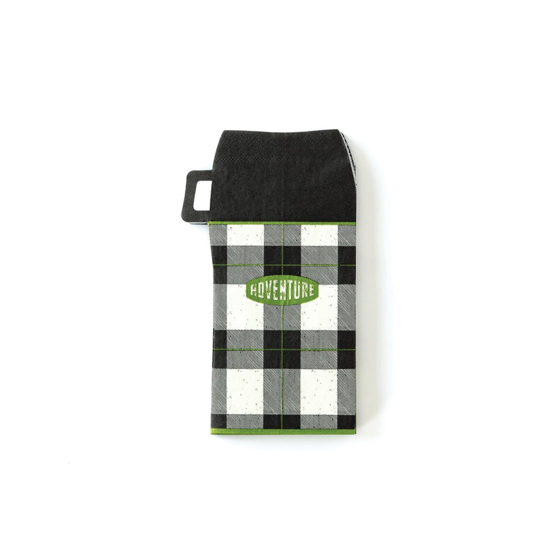 Single folded thermos-shaped napkin with black and white plaid pattern, green trim, and an “Adventure” badge across the middle.