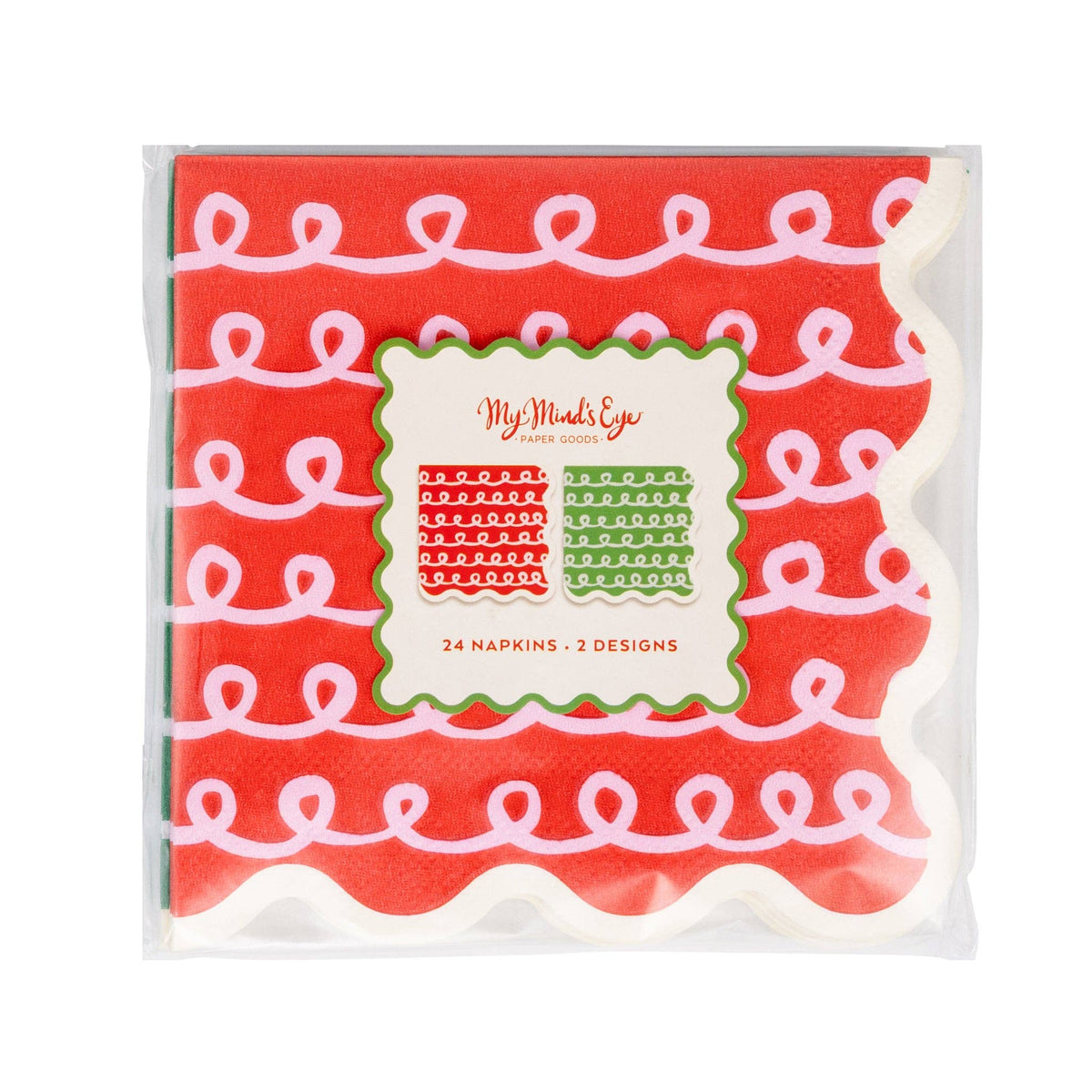 Front packaging of Frosting Cocktail Napkin Set displaying red and green napkin designs through clear wrapping.