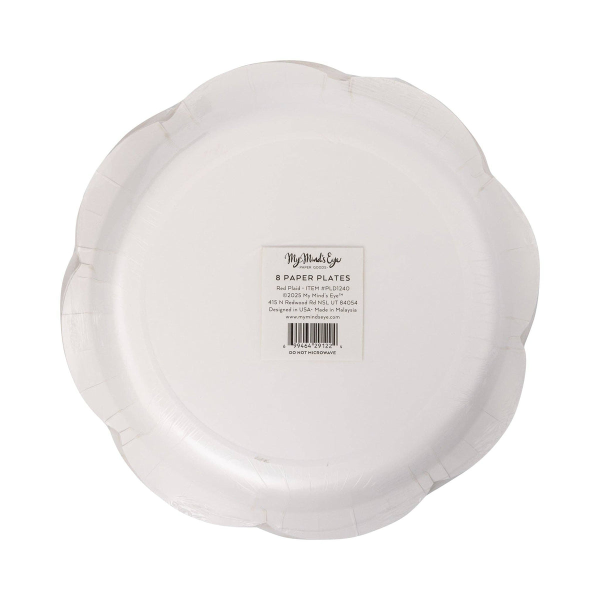 Back view of scalloped paper plate pack with product label