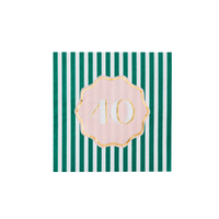 Single hunter green and white striped cocktail napkin with pink scalloped gold foil 40 birthday medallion on white background