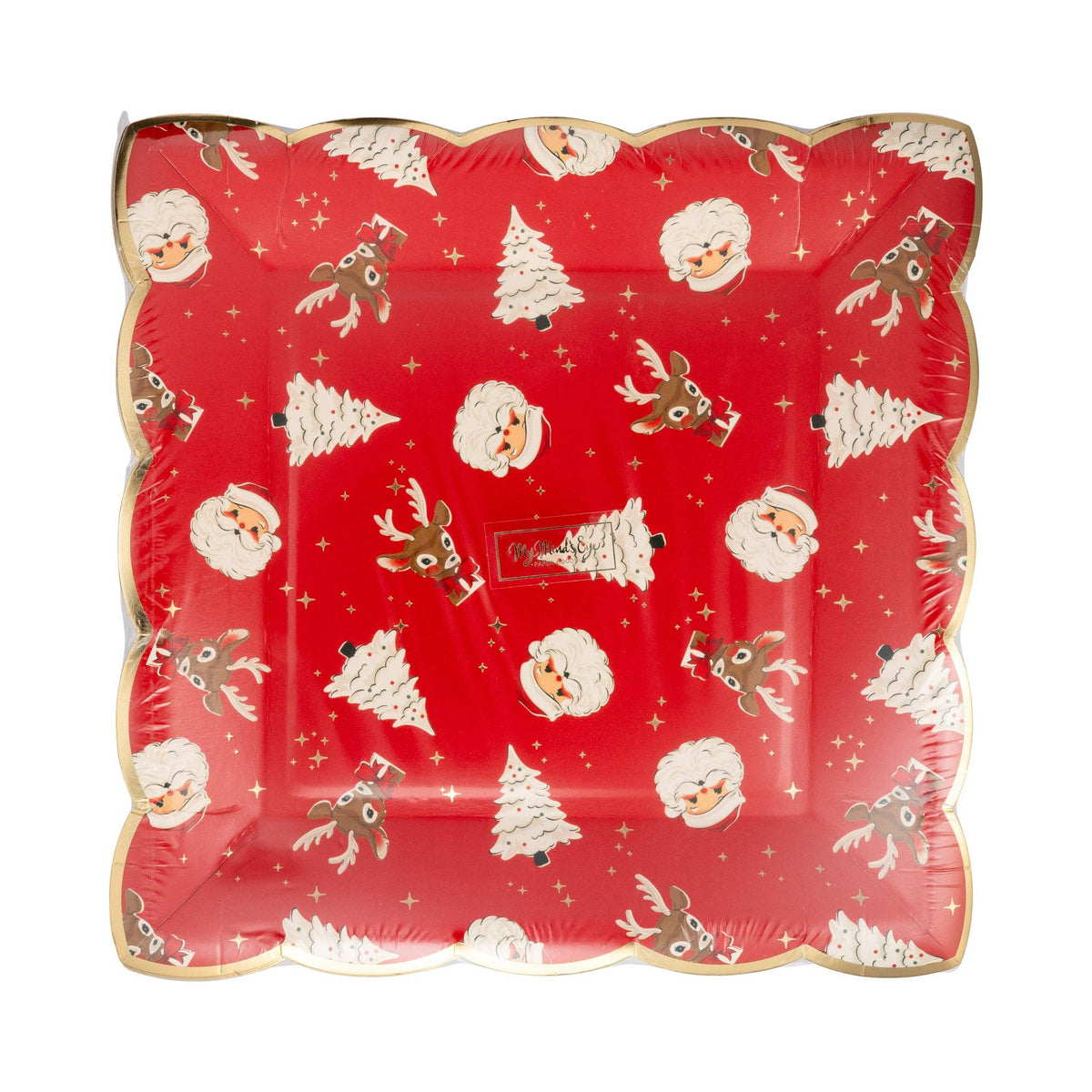 Stack of square Retro Holiday Pattern Paper Plates with red background and festive vintage icons.