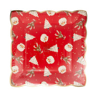 Stack of square Retro Holiday Pattern Paper Plates with red background and festive vintage icons.