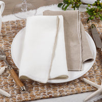 White linen napkins with tan stitched border - set of 4