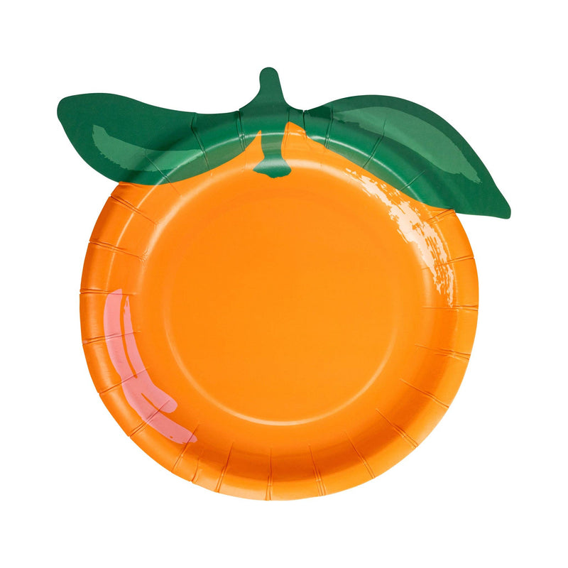 Orange shaped paper plate with green leaf detail.
