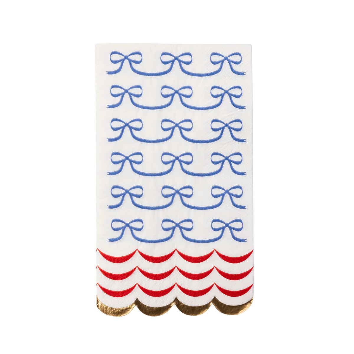A close-up of a 4th of July guest towel featuring delicate blue bows and a scalloped red border, highlighting the design’s elegant and patriotic details.
